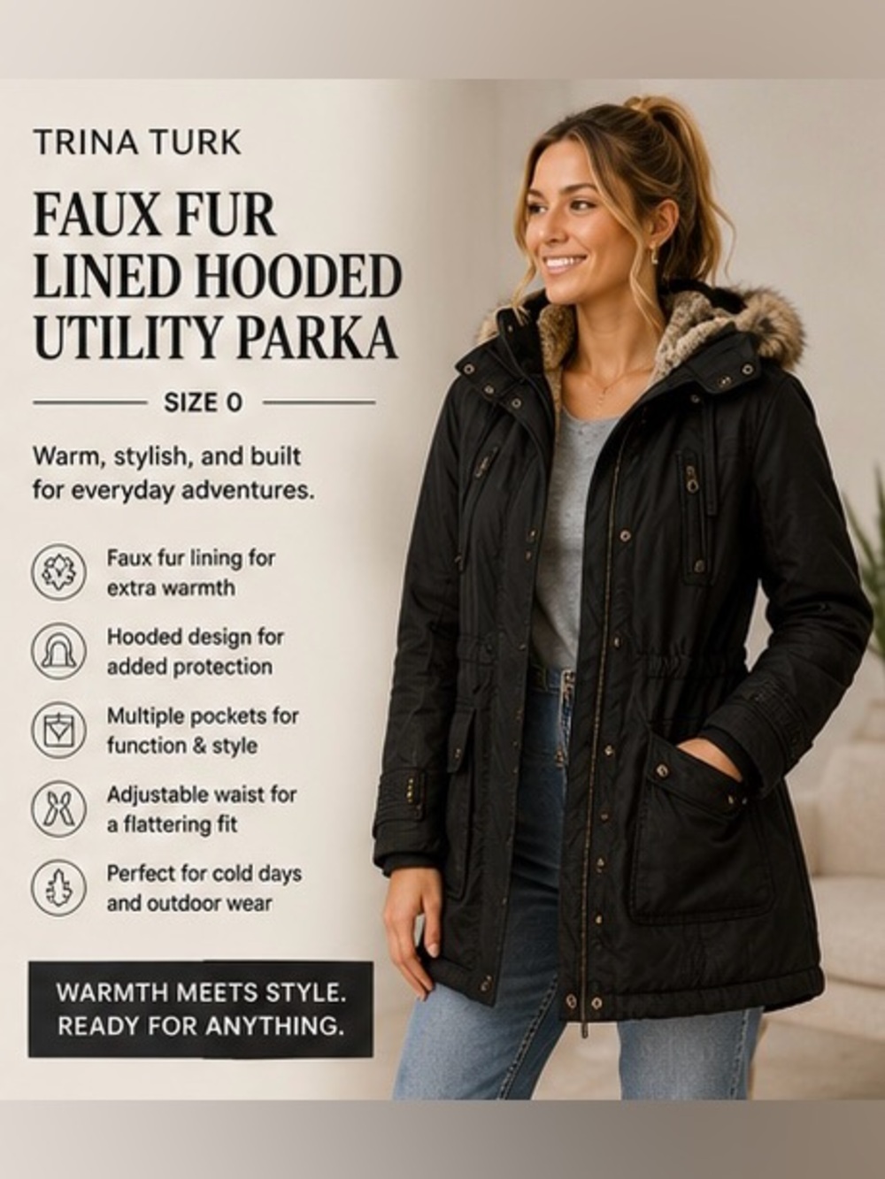 Trina Turk Women's Black Faux Fur Lined Hooded Utility Parka Size 0